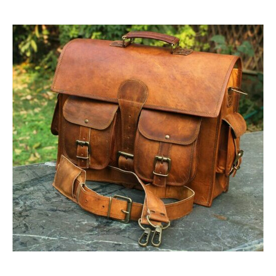 New Men's 16" Satchel Bag Genuine Brown Leather Briefcase Messenger Laptop image {1}