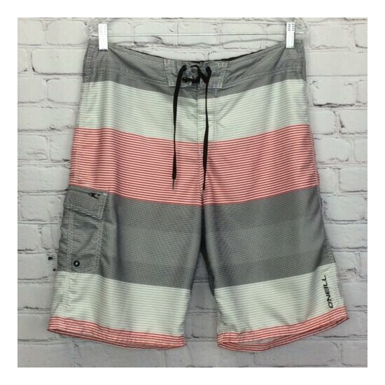 O'Neill Men’s Striped Board Shorts Size 33 Red White Black Swim Beach Sailing image {1}