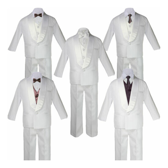 Boys White Satin Shawl Lapel Suits Tuxedo BROWN Satin Bow Necktie Vest Set SM-20 image {1}