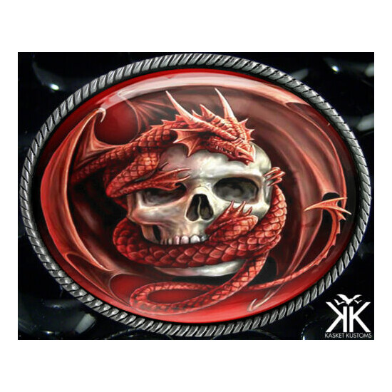 Dragon Skull Belt Buckle - Gothic Fantasy Handmade Silver Oval Buckle - 100 image {2}