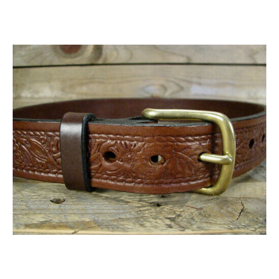 Mens Thick Brown Embossed Rope Floral Leather Belt 1.5" Wide Fits 32-34" USA image {1}