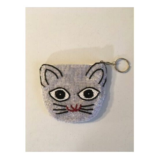 Sequins & Beaded Silver Gray Kitty Cat Face Girls 4" Change Coin Zipper Purse  image {2}