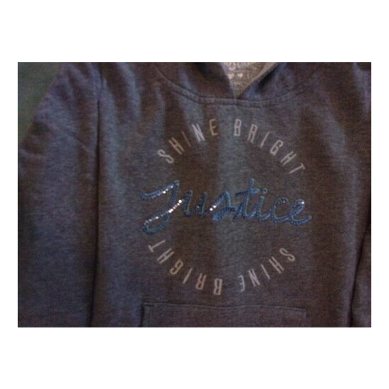 EUC Girls Justice Gray Hooded Pullover Shine Bright "Justice" Blue Sequins s/ 10 image {2}