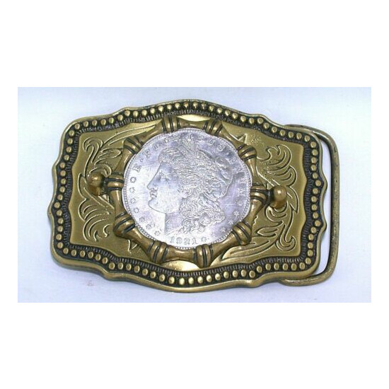 Antiqued Gold Color Western REAL 1921 Morgan Silver Dollar Belt Buckle EBS3705 image {1}