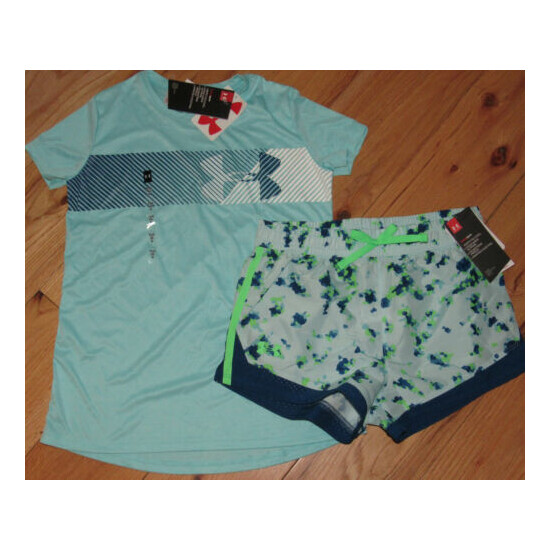 Under Armour logo top & patterned shorts NWT girls' L YLG teal blue image {1}