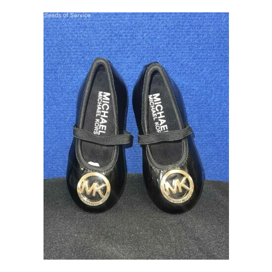NIB Michael Kors Black Gold Patent Leather Shoes Girls 6 image {1}