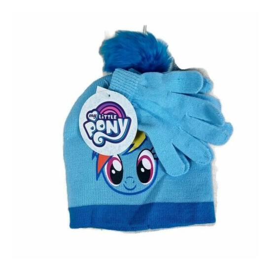 Hasbro My Little Pony NEW Beanie & Gloves Set OSFM Blue -Pom Accent Rainbow Dash image {1}