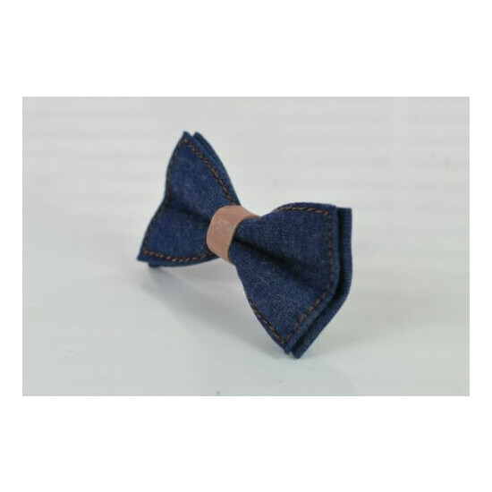 Boy Kids Navy Blue Denim Caramel Faux Leather Bow tie + Brown Leather Suspenders image {3}