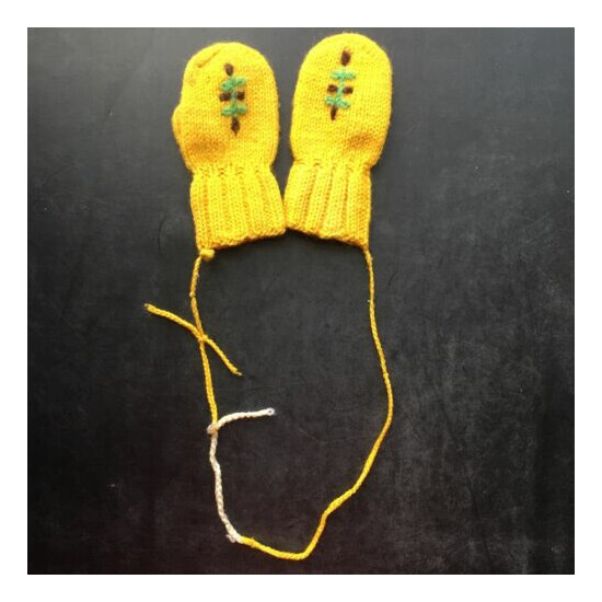 Handmade Vintage Knit Yellow Mittens and Blue Pom Booties Slippers image {2}