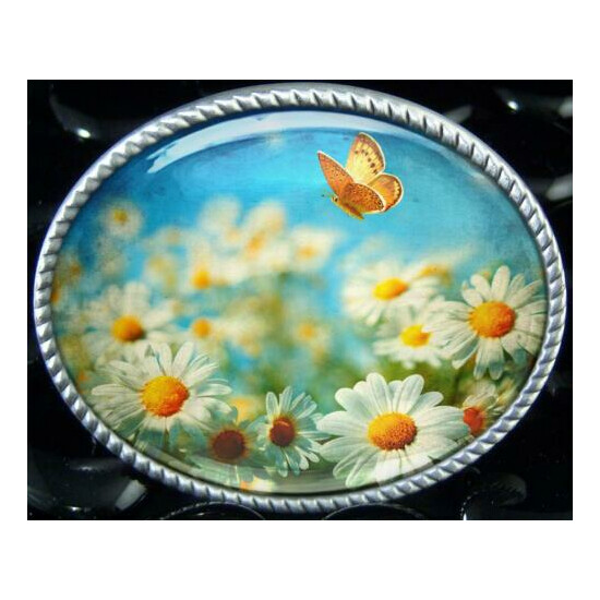Daisy Belt Buckle - Floral Butterfly Handmade Silver Buckle - 429 image {6}