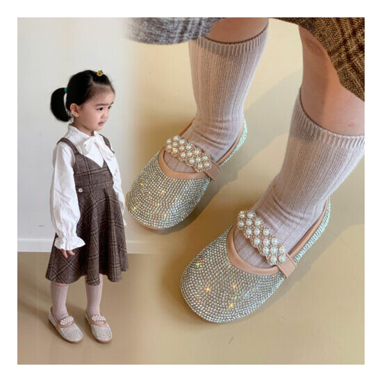 Children Pearl Round Toe Flat Pumps Girls Princess Crystal Rhinestone Dress Shoe image {3}
