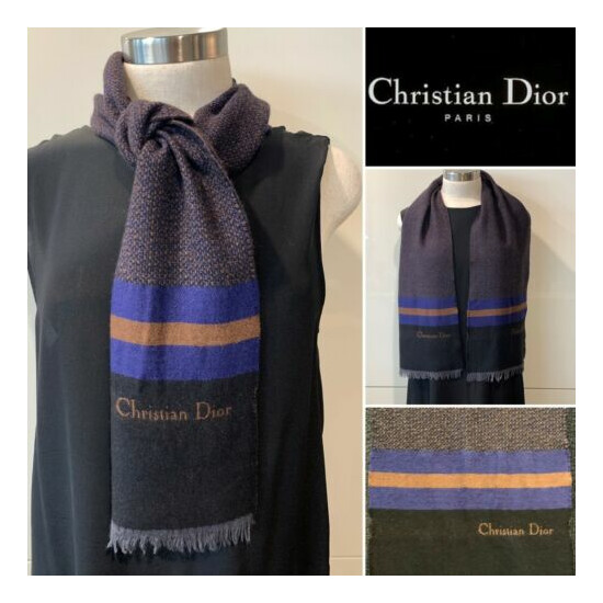 CHRISTIAN DIOR Vintage Chocolate,Blue,Black Wool Tweed Scarf UNISEX 26cm x 134cm image {1}