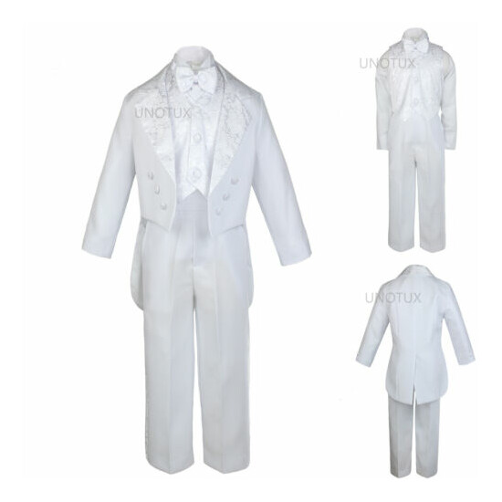 L Infant Toddler Boy Wedding Easter Formal Paisley Tail Tuxedo Suit White Black image {2}
