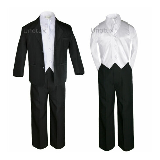 5pc White Vest Necktie Boy Infant Toddler Formal Party Black Suit Tuxedo sz S-4T image {1}