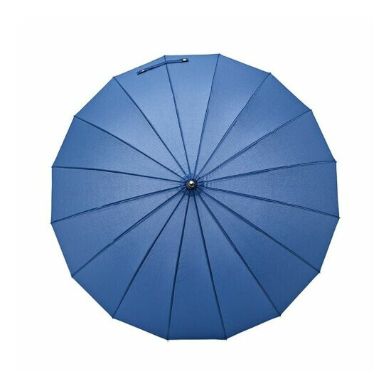 Real Wood Handle 16-ribs Classic Auto Open Stick Umbrella with Blue Canopy image {1}