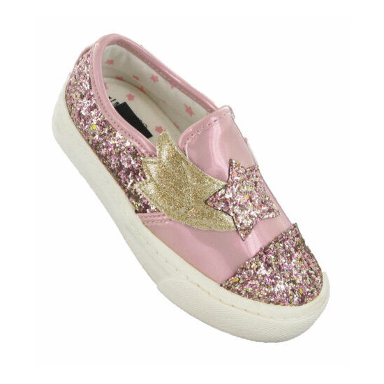 Ex M&S Girls Pink Glitter Star Pumps Padded Collar Slip On Comfort Patent Shoes image {4}