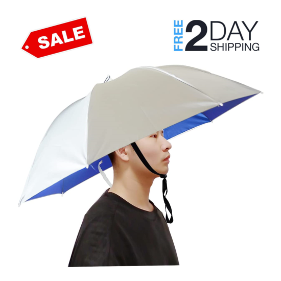 Umbrella Hat Elastic Folding Compact UV And Rain Protection Headwear 37 Inch NEW image {1}