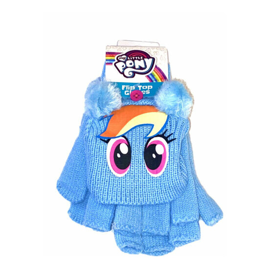 Girls My Little Pony Flip Top Gloves Knit Rainbow Dash Blue One Size image {1}