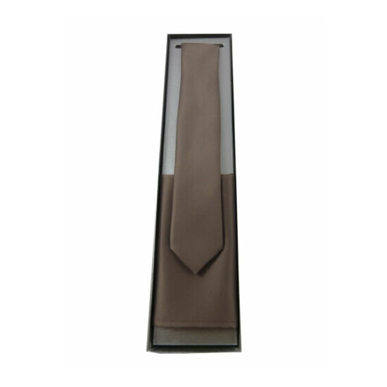 Set: Narrow Men's Tie + Pocket Square Taupe/Beige With or Without Box image {1}