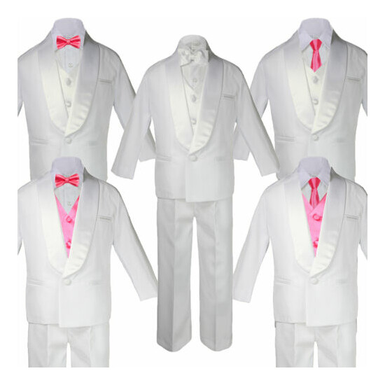 Baby to Teen White Satin Shawl Lapel Suits Tuxedo Coral Satin Bow Necktie Vest image {1}