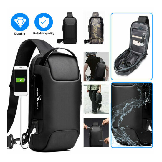 Men's Sling Backpack Waterproof Anti-theft Shoulder Crossbody Chest Bag USB Port image {1}