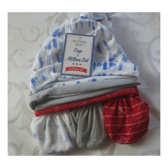 New NWT Modern Baby 6 pc Cap & Mittens Set 3 color set Red Gray Blue White image {1}