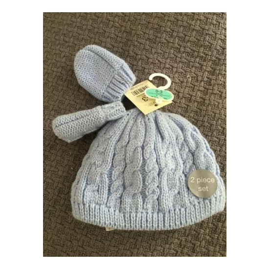 Baby Boys blue cable knit knitted hat and mittens set NEW size 0-3m infant image {2}