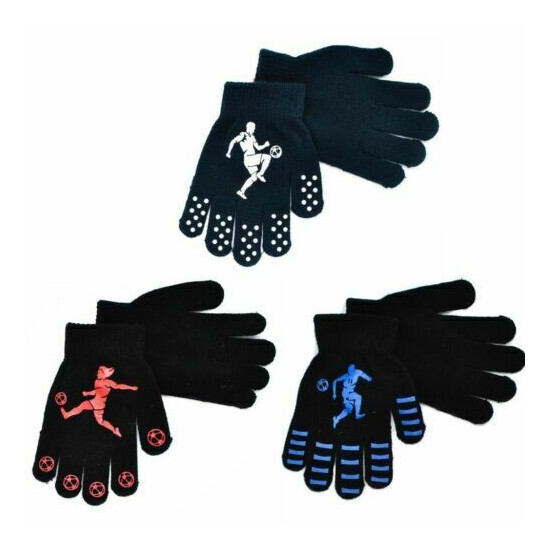 Boys Girls Kids Thermal Magic Gripper Grip Gloves Football Designs Winter Warm image {1}