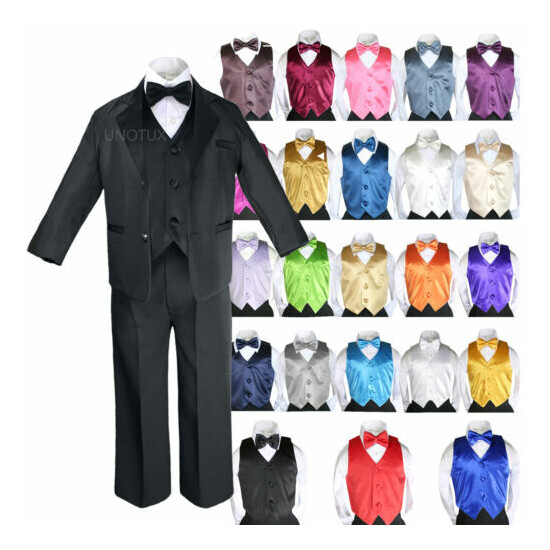 7pc Baby Boys Formal Wedding Black Suits Tuxedo Extra Color Vest Bow Tie Set S-7 image {1}