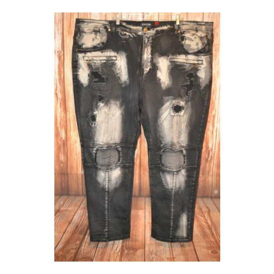 Makobi Men's Moto Style Skinny Distressed Bleached Black Denim Jeans Sz 52x34 image {4}