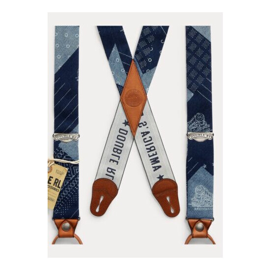 RRL Ralph Lauren Japanese Indigo Cotton Patchwork Print Braces Suspenders image {3}