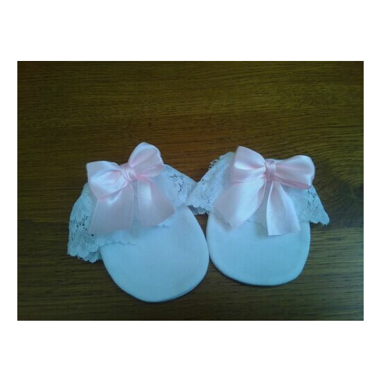 newborn Romany/spanish girls white scratch mittens with lace and pink bows new  image {1}