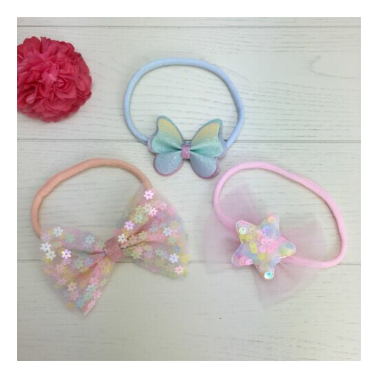 3pcs Pastel Rainbow Baby Headbands New Born Toddler Tulle Bows Glitter Butterfly image {3}