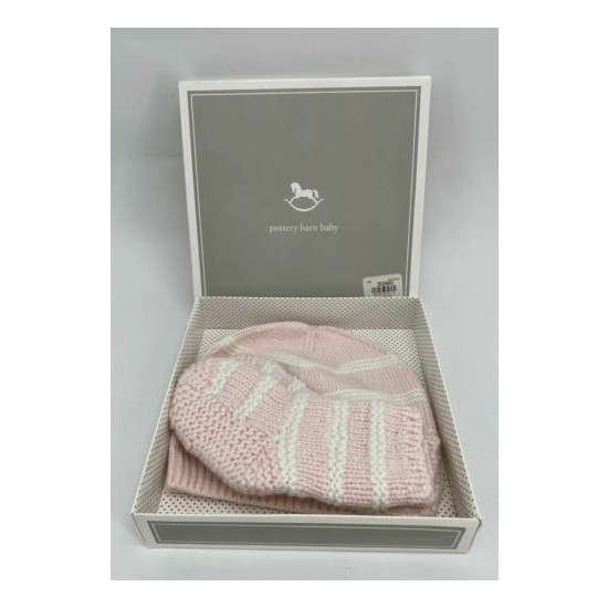 Pottery Barn Kids Sweet Stripe Knit Hat Bootie Set Pink 6-12 Months Gift Box NEW image {1}