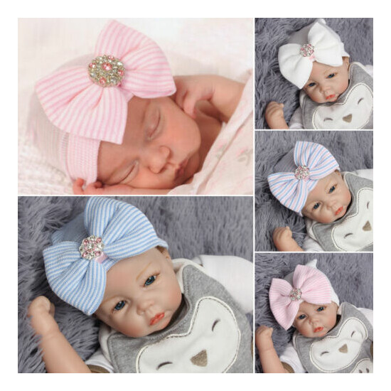 Baby Girl Boy Striped Bow Cap Infant Headband Hospital Newborn Comfy Soft Beanie image {4}