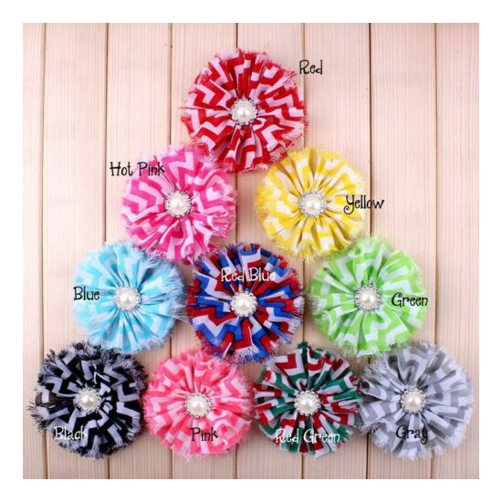 50pcs 3.6" Chiffon Fuzzy Edge Shabby Flower For Girls Striped Leopard With Pearl image {1}