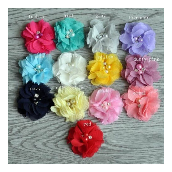30pcs 2" Hair Accessories Fabric Chiffon Flower With Pearls For Headbands image {1}