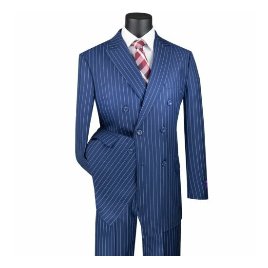 VINCI Men's Blue Pinstripe Double Breasted 6 Button Classic Fit Suit NEW Thumb {2}