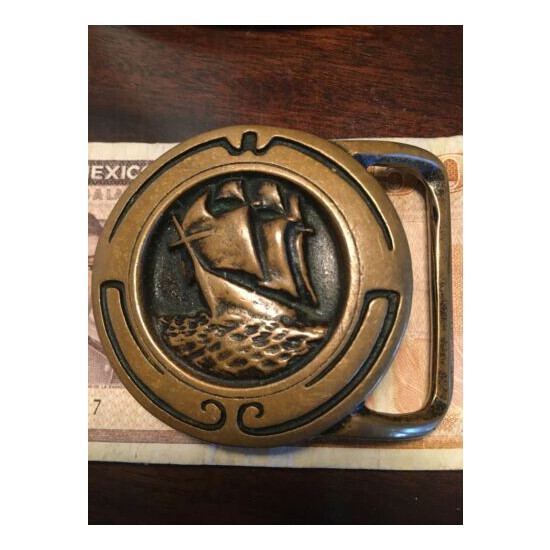 Vintage 1974 Tech Ether Guild Solid Brass Glory of the Seas Belt Buckle image {1}
