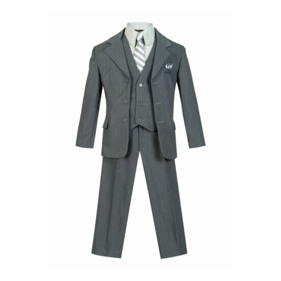 kids Boys Bridal Formal STRIPED suit 5 pcs set coat,vest,pant,shirt,clip tie  image {1}
