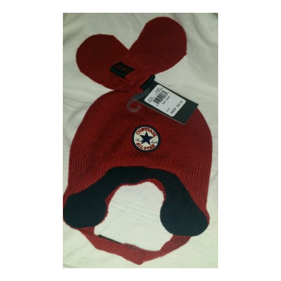 NEW!!! 2 PIECE SET CONVERSE BABY INFANT BEANIE HAT & MITTENS. RED. 12-24MONTHS image {1}