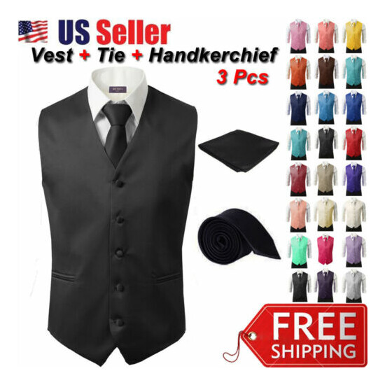 SET Vest Tie Hankie Fashion Men's Formal Dress Suit Slim Tuxedo Waistcoat Coat image {3}