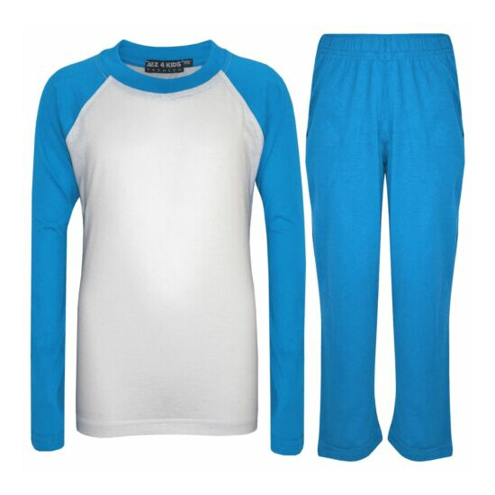 Kids Girls Boys Pyjamas Designer Plain Blue Contrast Sleeves Nightwear PJS 2-13Y image {1}