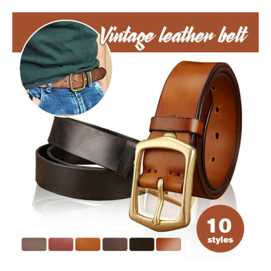Men Luxury Genuie Leather Belt Retro Cowhide Waistband Copper Buckle Handmade image {2}