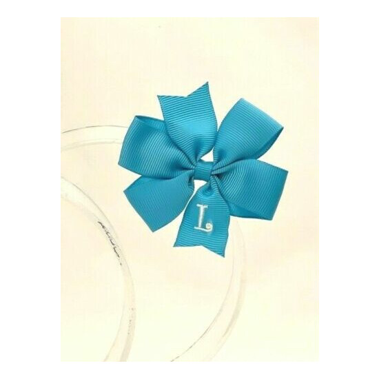3 Personalized Hair Bow Lot, 2.75" Girls Monogram Turquoise, Green, Initial L image {2}