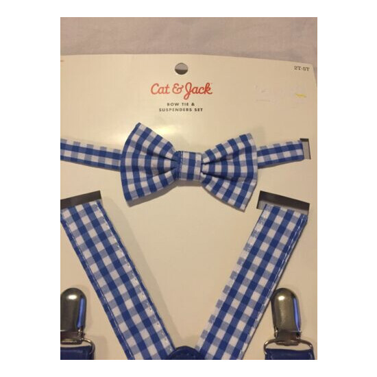 New Cat & Jack Toddler Boys White Blue Plaid Bow Tie & Suspenders Set Size 2T-5T image {2}