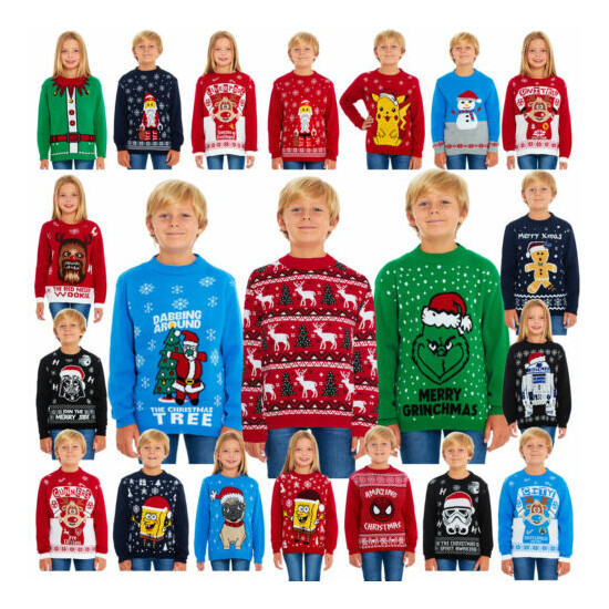 New Kids Childrens Boys Girls Xmas Christmas Winter Jumper Sweater Knitted Retro image {1}