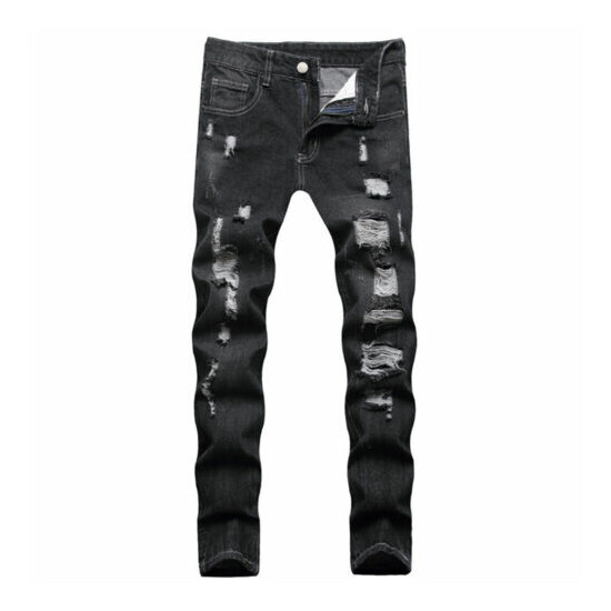 Men's Ripped Skinny Denim Straight Trousers Distressed Jeans Mid Waisted Pants image {1}