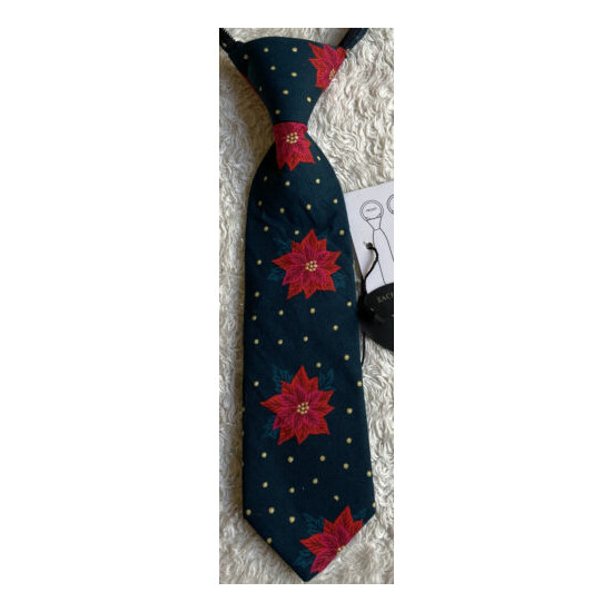 NWT Littlest Prince Couture Holiday Tie Sz9-24m Dark Green w/Poinsettia Flowers image {2}