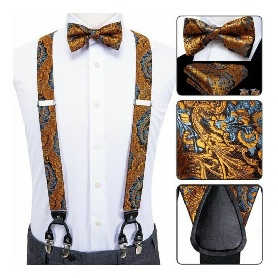 Men Silk Leather Elastic Suspenders For Wedding Bowtie Pocket Hanky Cufflink Set image {1}